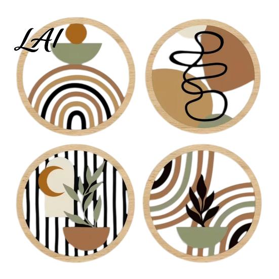 Natural Material Home Ornaments 4Pcs Boho Wooden Wall Art 2D Flat Round Hanging Signs Modern Geometric Wavy Circle Wood Decor Bohemian Plaques for