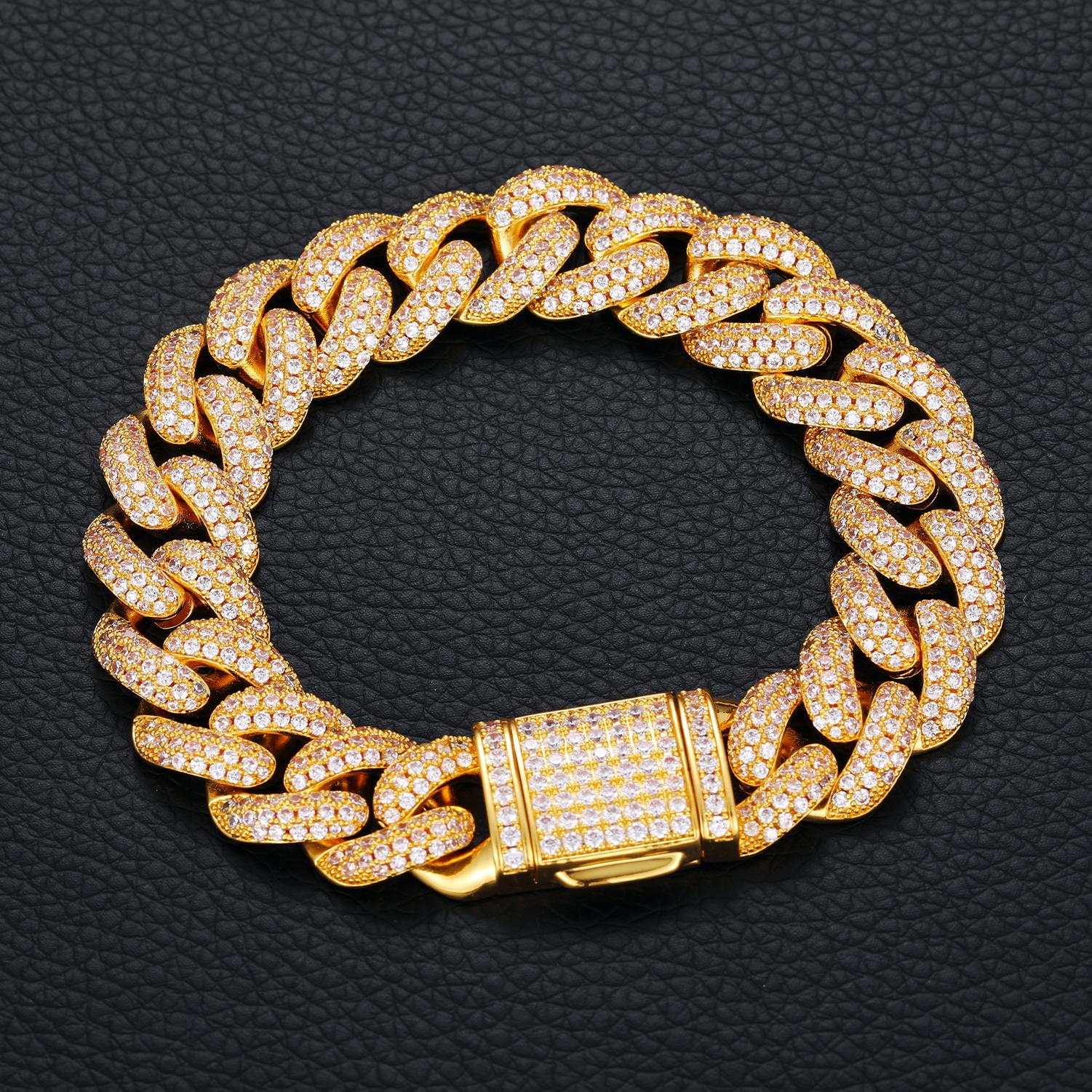 High-quality Fashionable 15mm 18K Gold Plated Copper Hip-hop Cuban Chain Bracelet Paired Three-row Zirconia Cuban Bracelet Bracelet&7inches(17.78cm) золотой