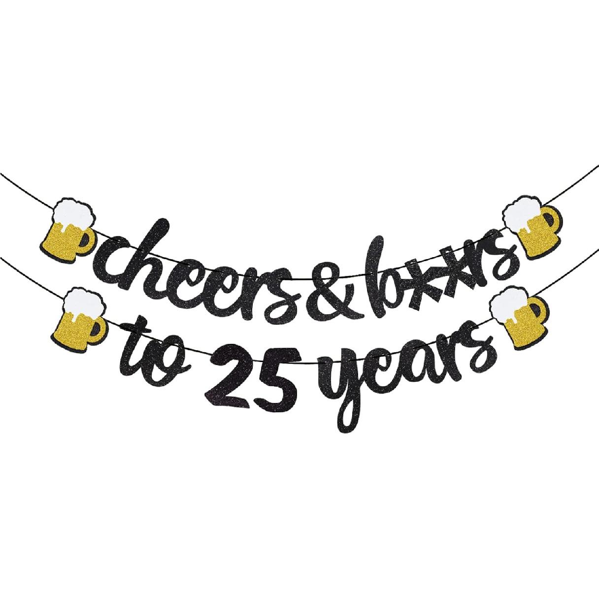 30th Birthday Decorations - Cheers and Beers to 30 Years Banner, Happy 30th Birthday Banner Sign Pre-Strung, Anniversary Party Supplies (Black Gold) 25th