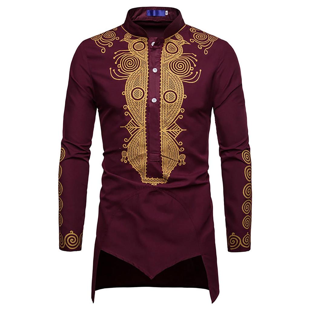 Men's Loose Casual  Shirt Ethnic Style Printing Robe Long Sleeved Shirt Top