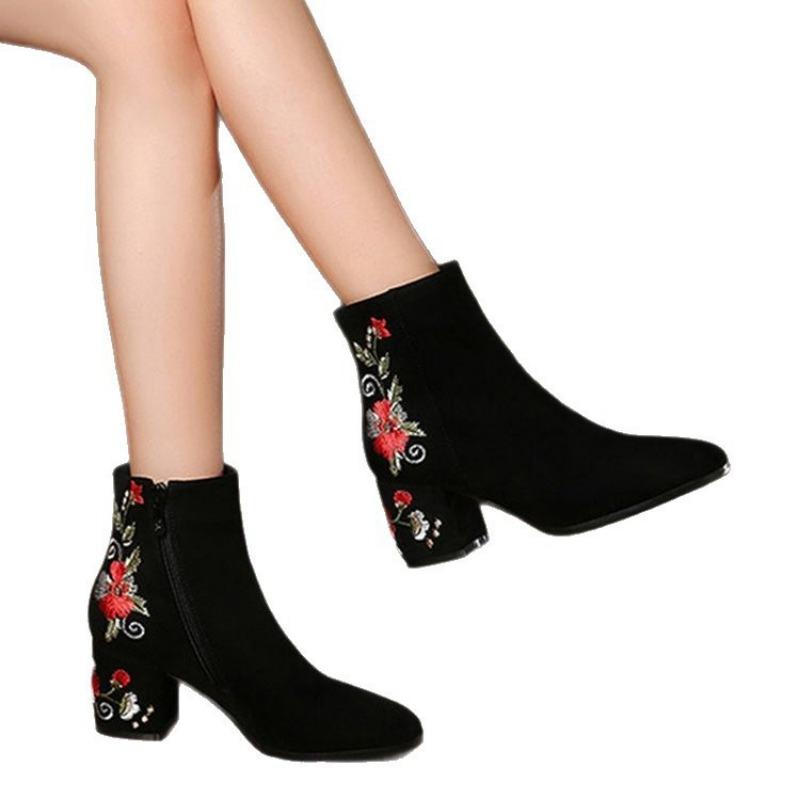 Autumn and Winter New Matte Short Boots Thick Heel Velvet Women's Shoes Soft Sole Embroidered Middle Heel Mid Boots Cotton Shoes