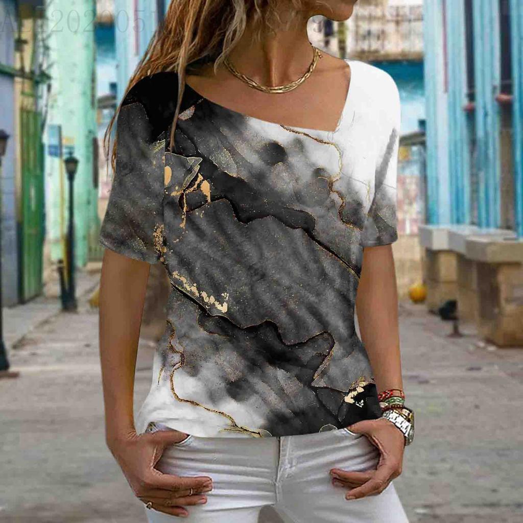 Sommer 3D-gedruckte Marmor Tie Dye Serie Damen Casual Schräghals Kurzarm T-Shirt