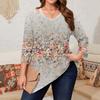 Women's Print Plus Size Tops Hollow V Neck 3/4 Sleeve Shirt Elegant Casual Tops