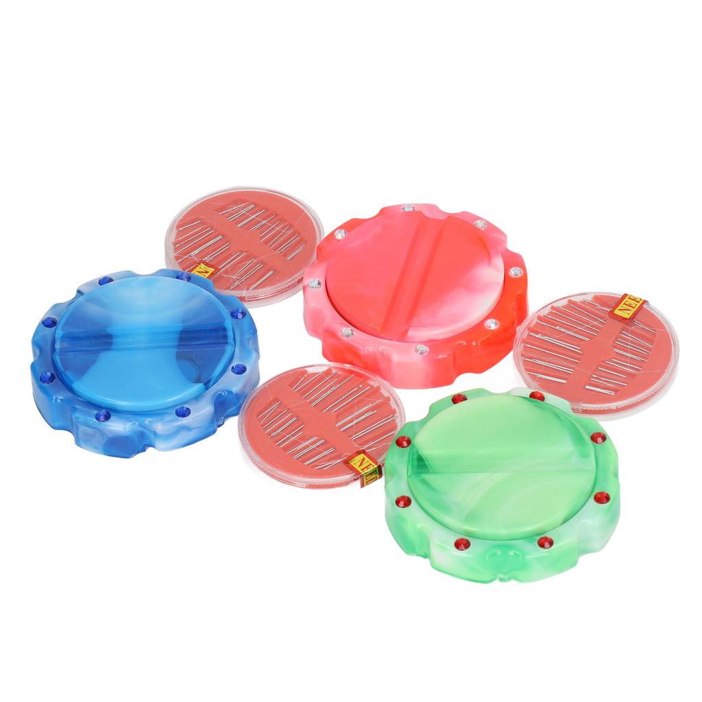 3 Pcs Pin Cushion Pink Blue Green Round Plastic Magnetic Sewing Needle Holder Disc Needle Suction with 48 Needle