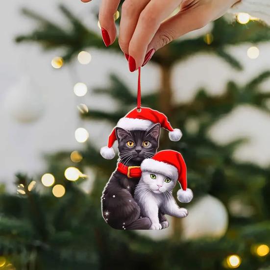 Christmas Cat Ornament Cartoon Cat with Santa Hat Pendant 2D Flat Acrylic Christmas Tree