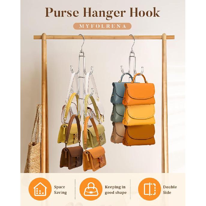 Purses Hanger Organizer for Closet, Myfolrena Metal Purse Holder for Closet Space Saving Bag Storage Hook for Hanging Handbags,