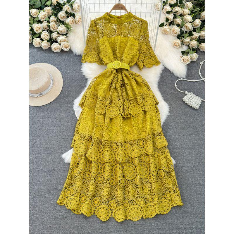 Ladies Single-Breasted Water Soluble Lace Dress Short Sleeve