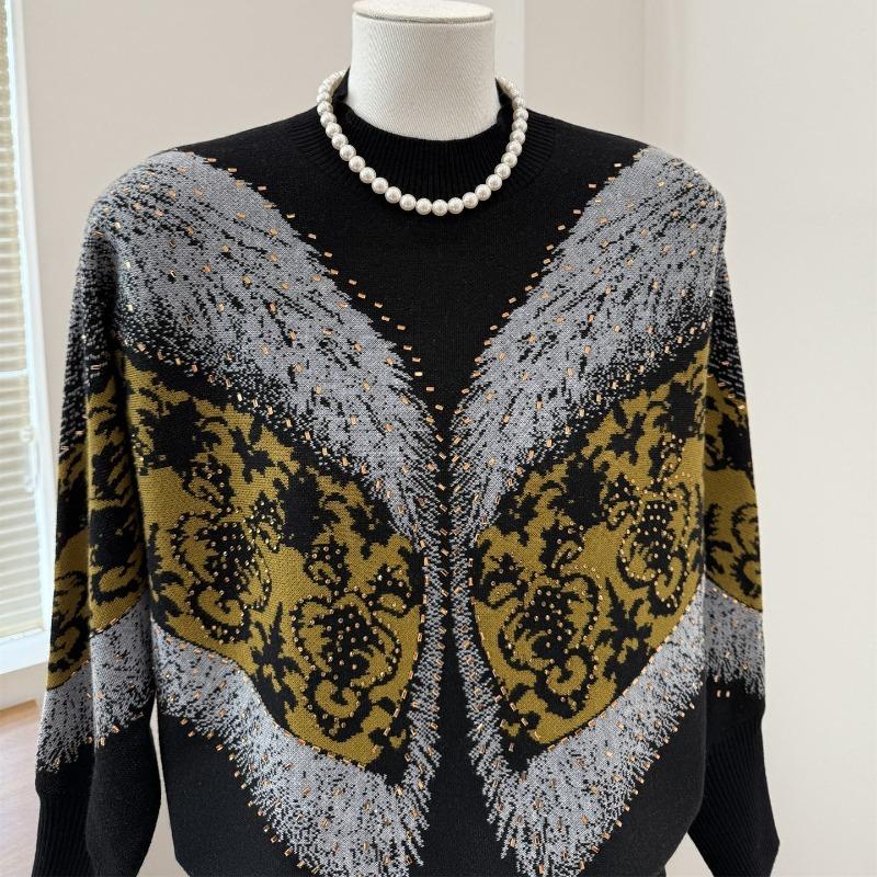 Ladies Retro Floral Knitwear Contrast Color Casual Elegant Pullover Sweater