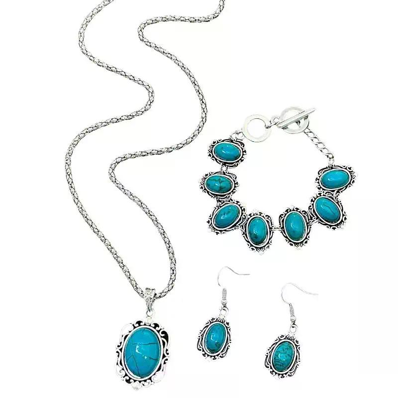 3-teiliges Damen-Set mit Vintage-Türkis-Armband, Halskette und Ohrringen, Heilstein-Dekoration, Geschenk