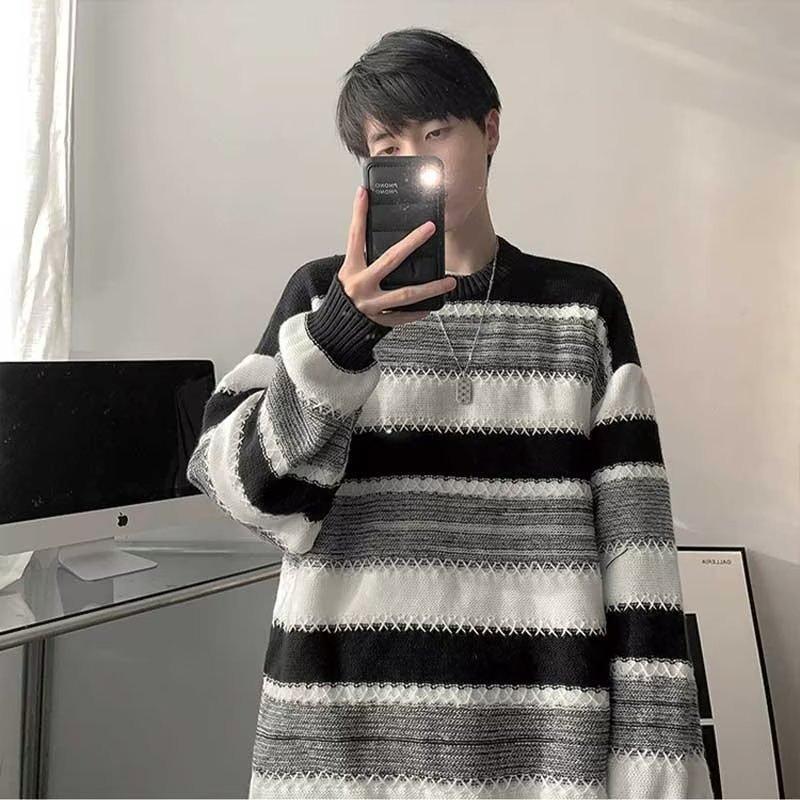 Men’s Trendy Korean Striped Knit Sweater – High-End, Versatile & Stylish