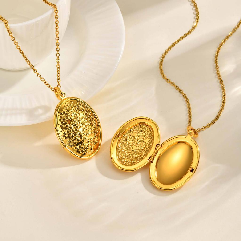 Oval Round Flower Locket Necklace that Holds Pictures Photo Locket Pendant Gifts for Women