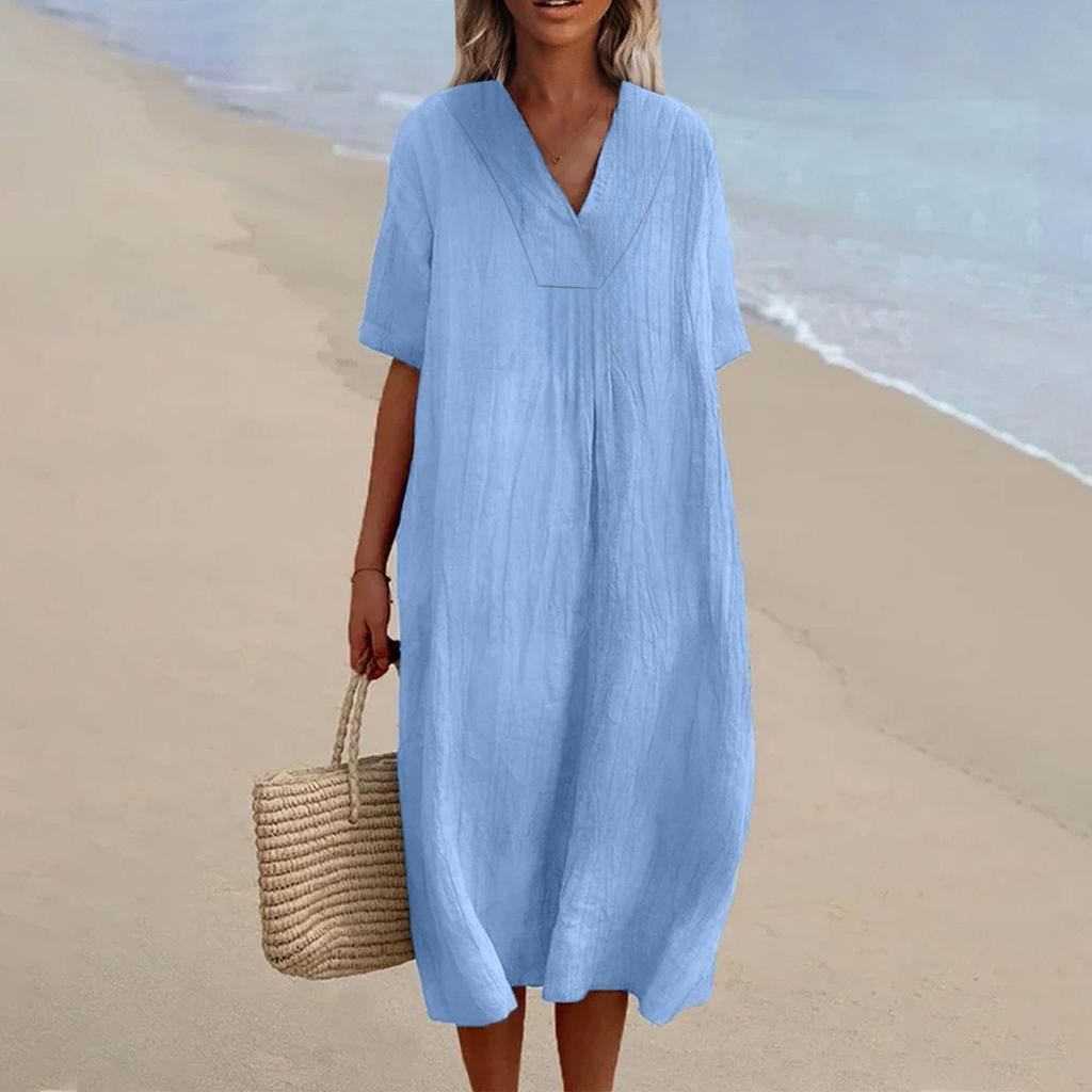 Women's V-Neck Casual Dresses Beach Holiday Color Vacation Leisure Dresses Loose Cotton Linen Shirt Dress