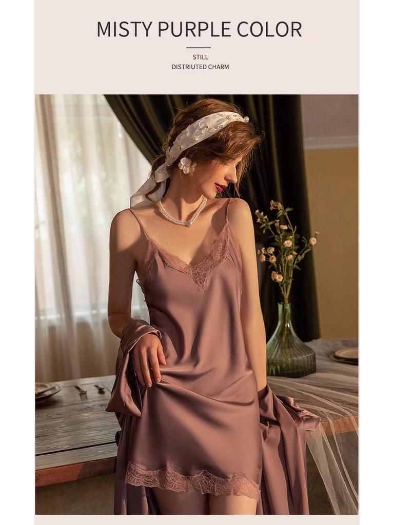 Camisón de Encaje de Seda de Hielo de Alta Gama Verano 2025 para Mujer - Estilo Puro Deseo con Almohadilla en el Pecho, Talla Grande Disponible