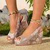 Rose Print Peep Toe Sandals Women 2025 Summer Wedge Heels Back Strap Shoes Women Soft Sole Non Slip Beach Sandals