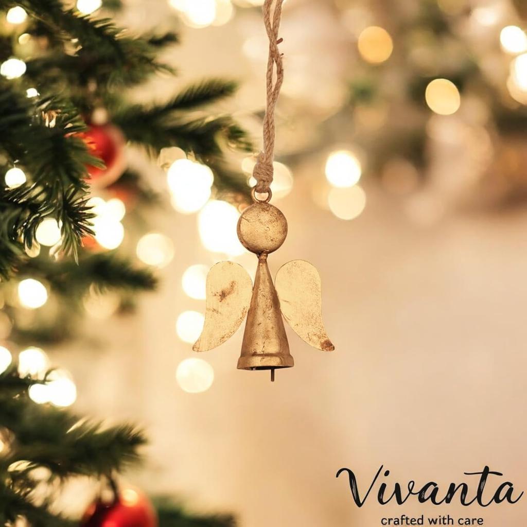 Håndlagde 3 stk, Rustikke gull skytsengelpynt med bjeller, 4,5 tommer minnegave til juletrepynt og gårdshus hjem