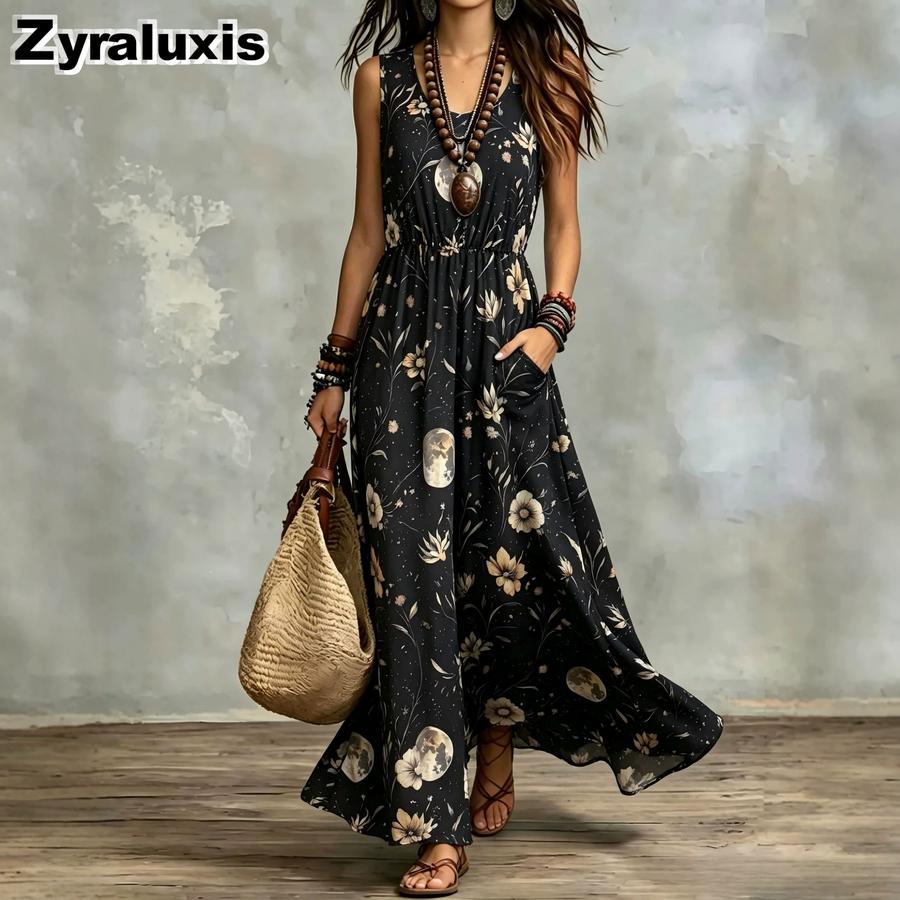 Summer New Printed Temperament Sleeveless Pocket Long Dress Vintage Dress Ready-to-Ship