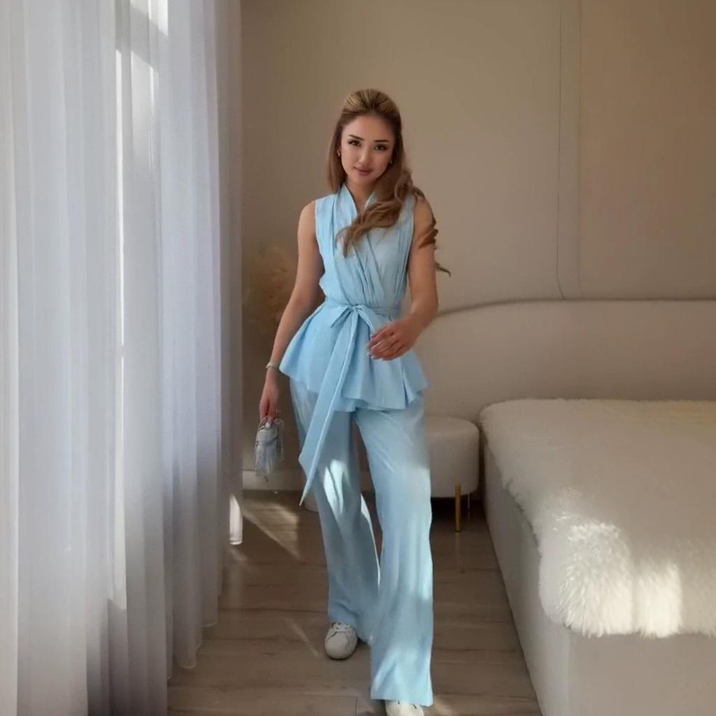 Costum de navetă european și nou pentru femei, cu decolteu în V, fără mâneci, cu șireturi în talie, pantaloni cu talie înaltă și crac lat