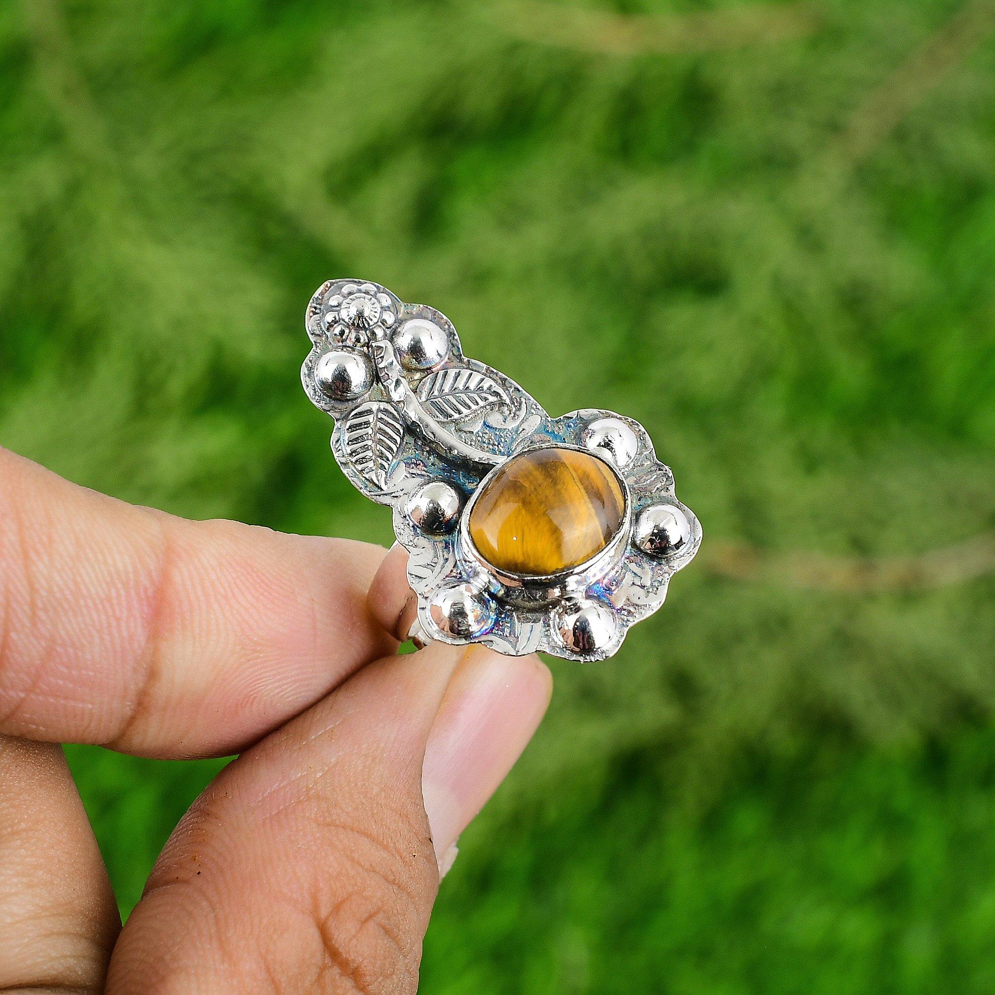 

Oval Sacral Chakra Tiger s Eye Gemstone Flower Bezel Ring 925 Sterling Silver Adjustable
