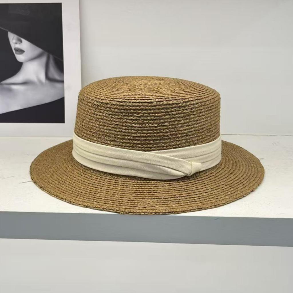 French Te Silk Lafie Grass Flat Top Straw Hat Women's Summer Hepburn Elegant Top Hat, Men's Sun Had Seaside Beach Hat