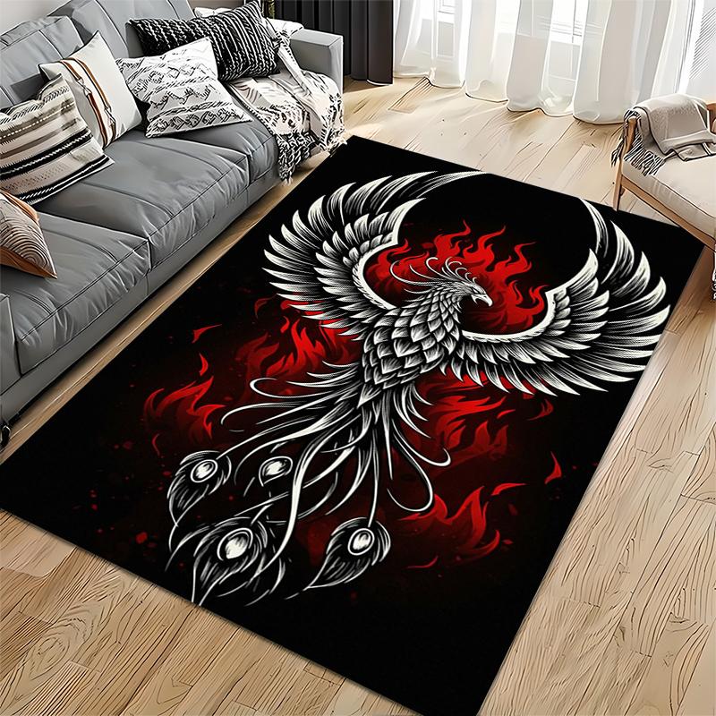 Area Rug, Phoenix Bird Red Flame White Tattoo Black Background Print, Living Room Decor, Non-Slip Mat