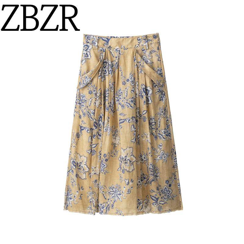 Zbzr Spring New Women Clothes Western Style Fashion Temperament Ramie Flower Print Skirt 8293020 715