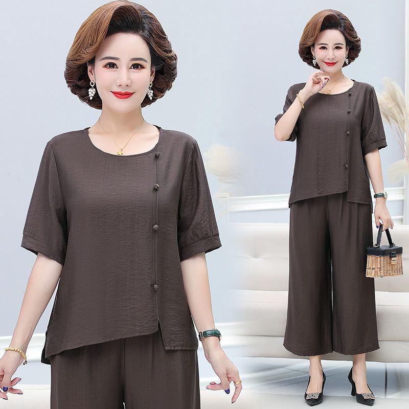 Stylish Plus Size Cotton Linen Summer Set for Middle-Aged Women: Short Sleeve T-Shirt & Two-Piece Outfit