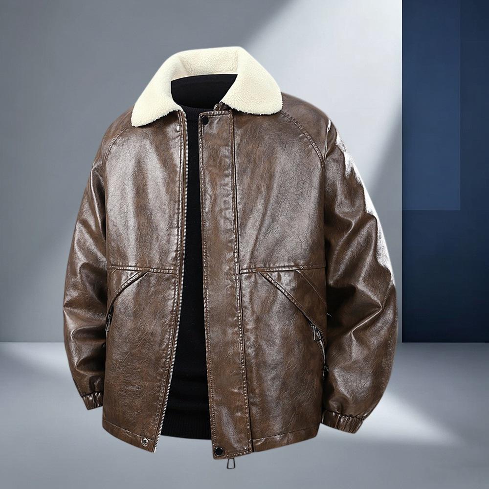 Exclusive for men's velvet PU leather jacket fashionable and casual thickened warm light luxury leather jacket men's lapel shoulder plugs