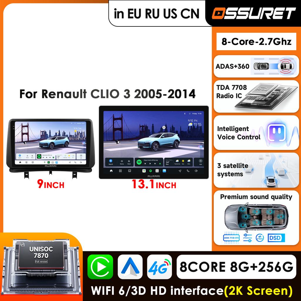 OSSURET Tela Inteligente 2K 4G-LTE Carplay Rádio Android para Carro Para Renault CLIO 3 2005 - 2014 Carro Infotainment Player Multimídia GPS Estéreo Bluetooth