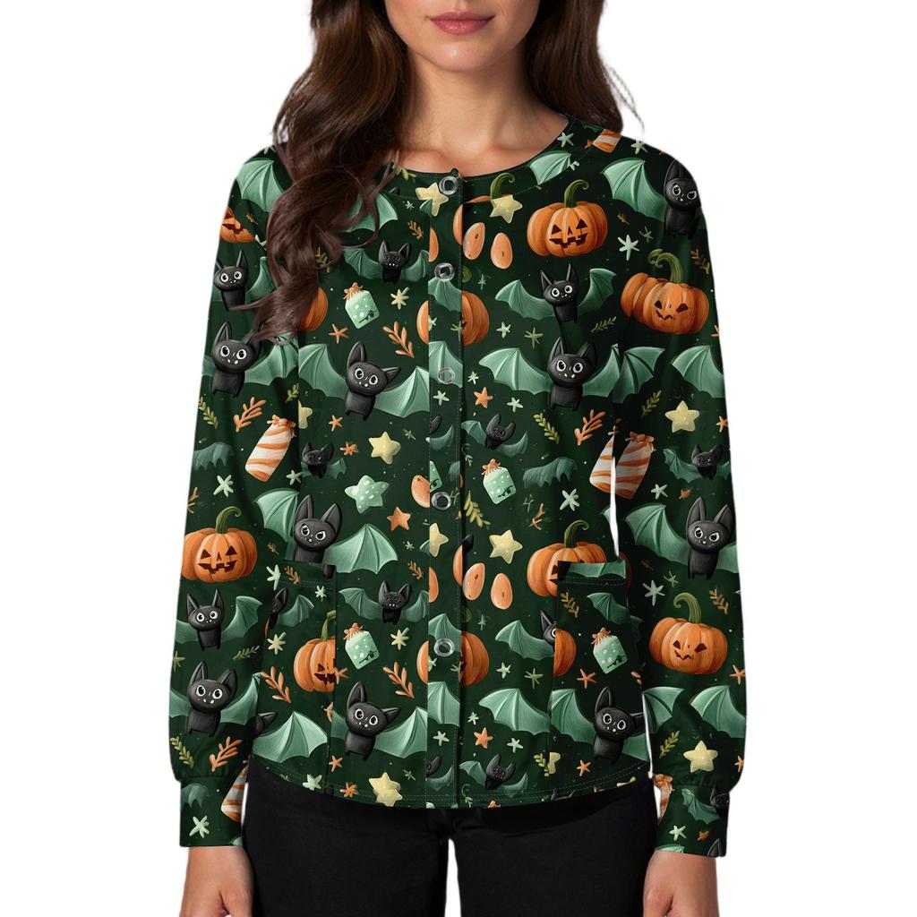Women's Casual Fashion Single Breasted Halloween Graphic Printed Nurses Tops
