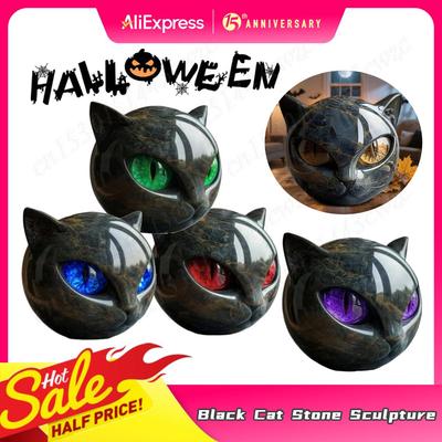 Luxury Black Cat Stone Sculpture Halloween Black Obsidian Crystal Gemstone Cat Artwork Elegant Home Decoration Gemstones Gifts
