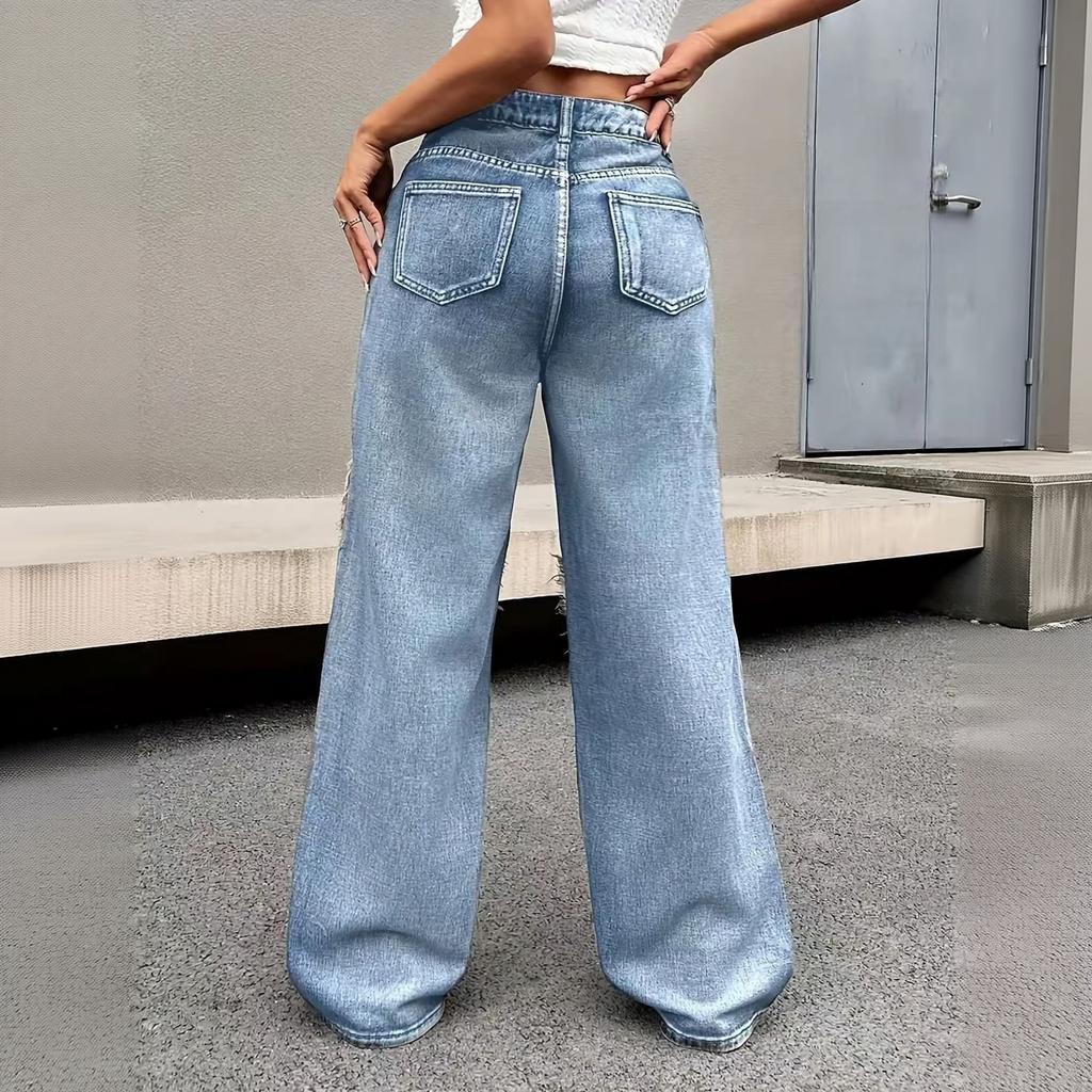 Women's Casual Wide Leg Jeans with and Patchwork, Denim Pants for Everyday Wear