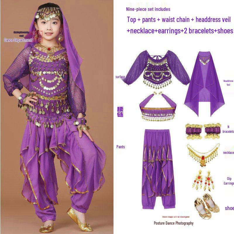 Costume da Danza Indiana per Bambini: Costume per Esibizione di Danza del Ventre e Minoranze dello Xinjiang per Bambina