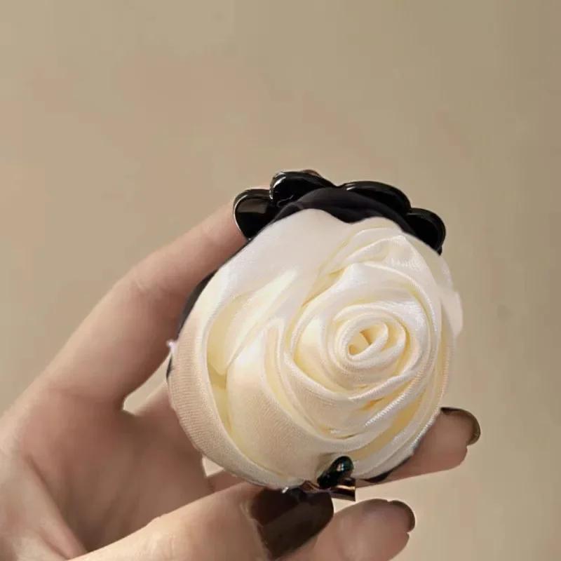 French Big Double Rose Flower Hair Claw Clips for Women Girls Vintage Satin Solid Fabric Handmade Shark Hairgrip Accessories New