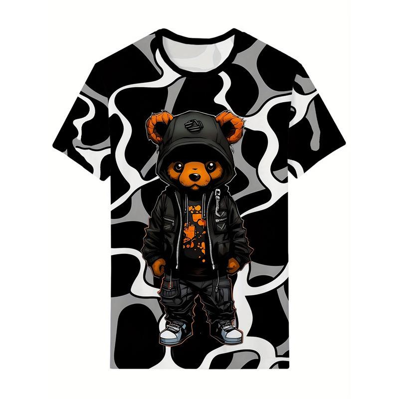 Summer Round Neck Cute Bear Graphic 3D Print Top Fashionable Casual Short Sleeved Men's T-shirts