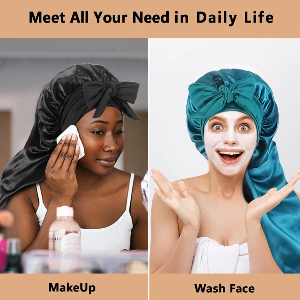 Women's Extra Long Satin Sleep Bonnet, Silk Smooth Elastic Hair Cap for Long Hair, Comfortable Night Sleeping Hat for Braids Loc