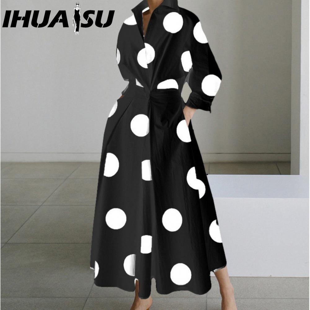 IHUASU Modă Femei Primăvară Toamnă Mânecă Lungă Guler POLO Rochii Casual