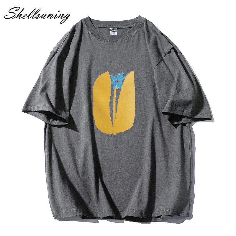 Shellsuning Summer Aesthetic Floral T Shirts Women Loose Short Sleeve Cotton Printed Tees Female Casual O Neck Vintage Base Tops