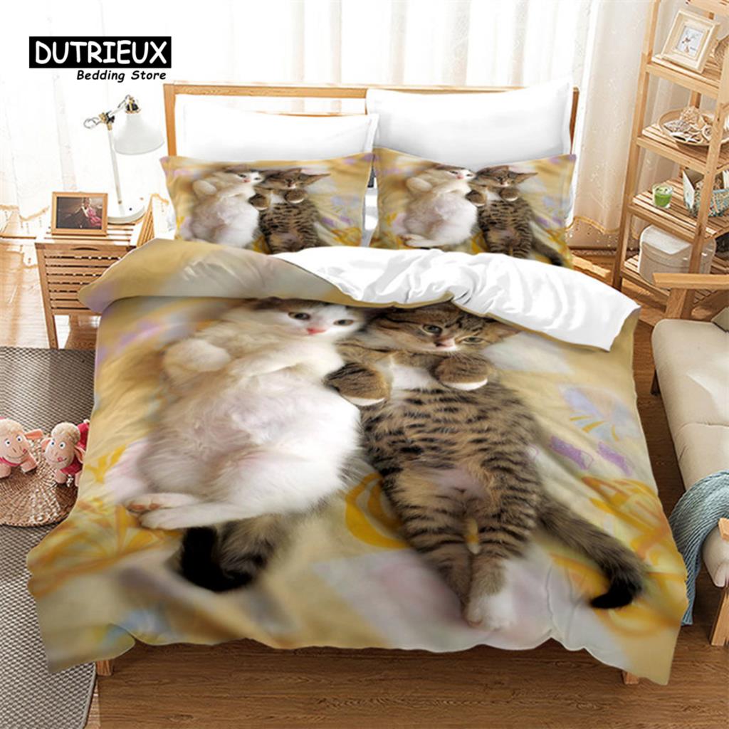 Cute Cartoon Cat Duvet Cover Funny Cats Bedding Set Microfiber Animals Comforter Cover With Pillowcases Twin Full For Kids Teen