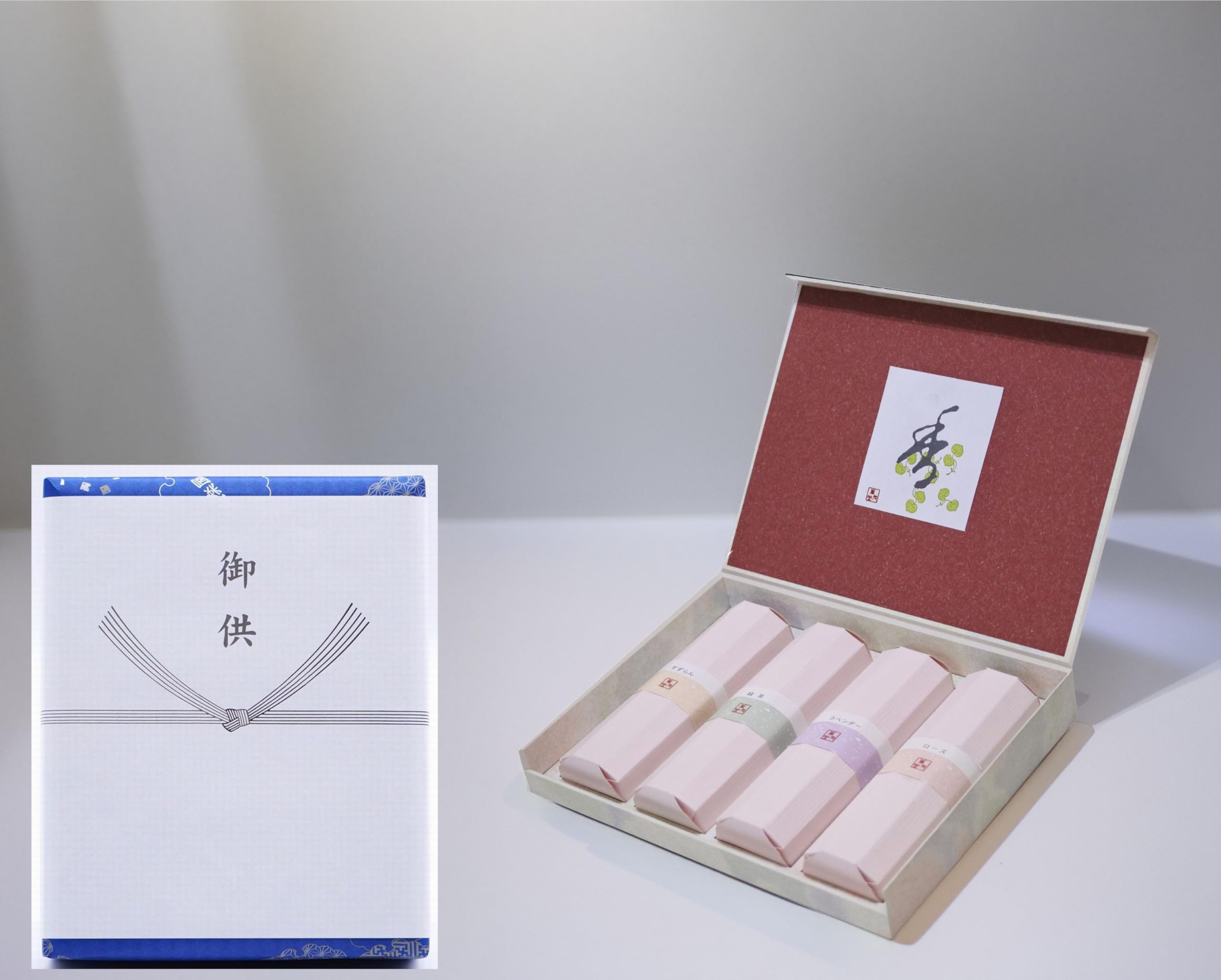 

[Hana Kaori] Smokeless Incense Sticks with Bender, Rose, Lily of the Valley, and Green Tea Scents. Includes Gift Wrapping and a Noshi (gift tag).