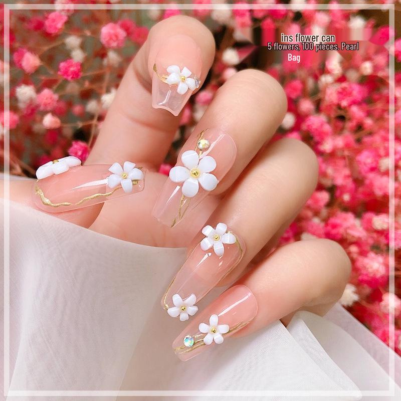 100pcs 3D Japanese-Style Five-Petal White Flower Resin Nail Decorations