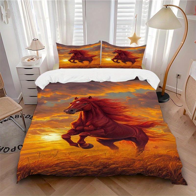3pcs Horse Sunset Bedding Set Down Comforter Cover and Pillowcases, Suitable for Guest Room Home Decoration All Seasons(No Insert) S0819027