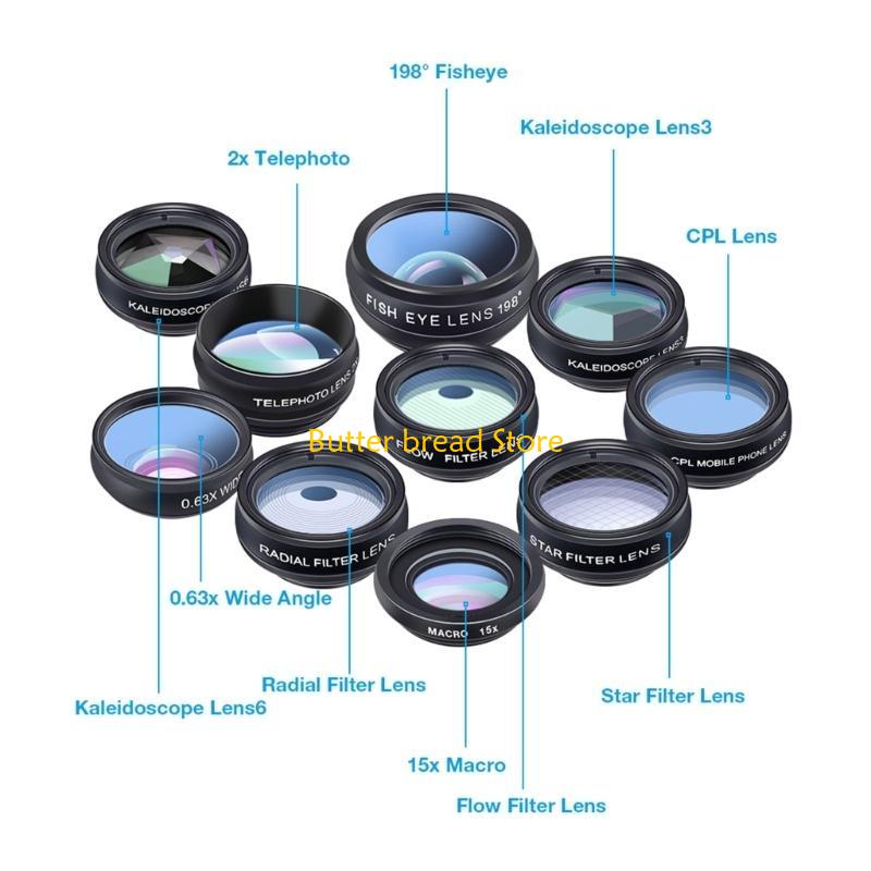 W89C Upgraded Phone Camera Lens-Macro Lens+Wide Lens+Fisheyes Lens+Telephoto Lens+CPL Radial Star Filter+Kaleidoscope