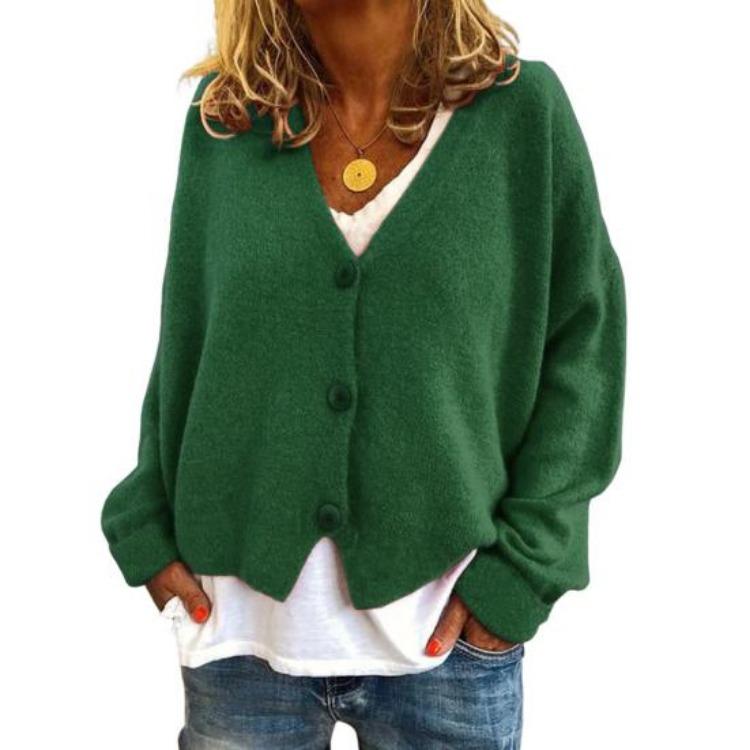 

Loose Fit V Neck Sweater Coat Long Sleeve Cardigan Solid Color Knitting Women Sweater S зелёный