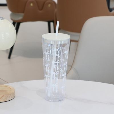 Portable Cute Bowknot Travel Water Bottle Plastic 700ml Straw Cup with Lid and Straw Beverage Serving Juice Cups