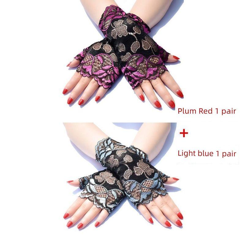 

Sun Protection Gloves for Women Lace Sailor Dance Summer Short Mid Length Long Length UV Protection Elastic Breathable Driving Cycling Gloves (Rose + silver gray) One size