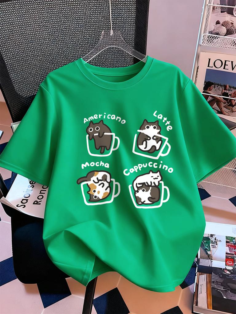 Cat Coffee Art Letter Printing TShirts Womens Summer Cotton Short Sleeve Tops ONeck Soft Loose T Shirt Casual Womans Clothes