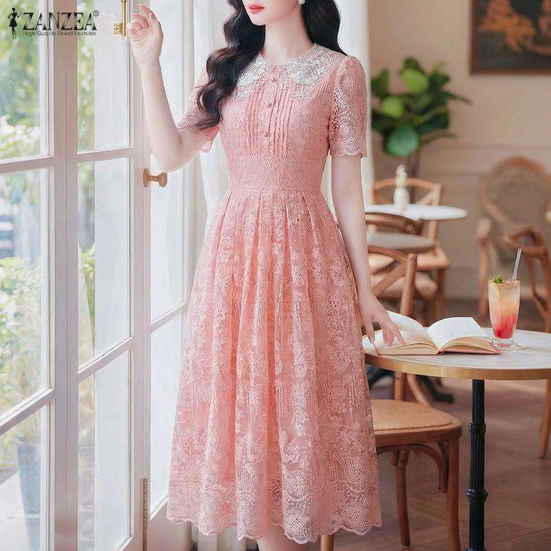 ZANZEA Women Casual Round Neck Summer Lace Patchwork Short Sleeve Dress