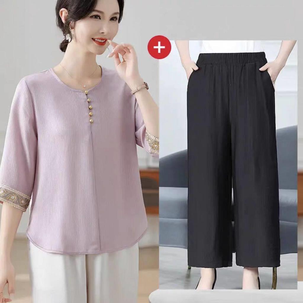 2026 Summer Chinese Style Seven-Point Sleeve Top for Middle-Aged Women - Elegant Mother's Day Fashion