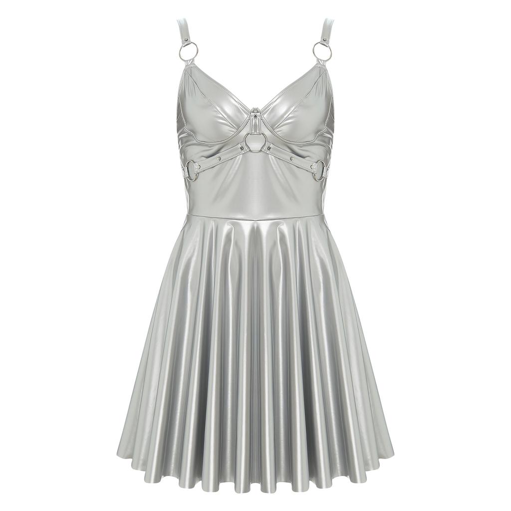 Womens Gothic Party Dress Patent Leather Wet Look Slip Dress O Ring Rivets Strappy V Neck Mini Dress