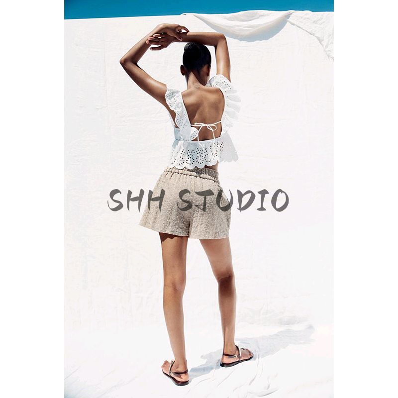 Cut Out Embroider Laminated Decoration Sleeveless Tops 3666099 High Waist A- line Casual Shorts 8073286